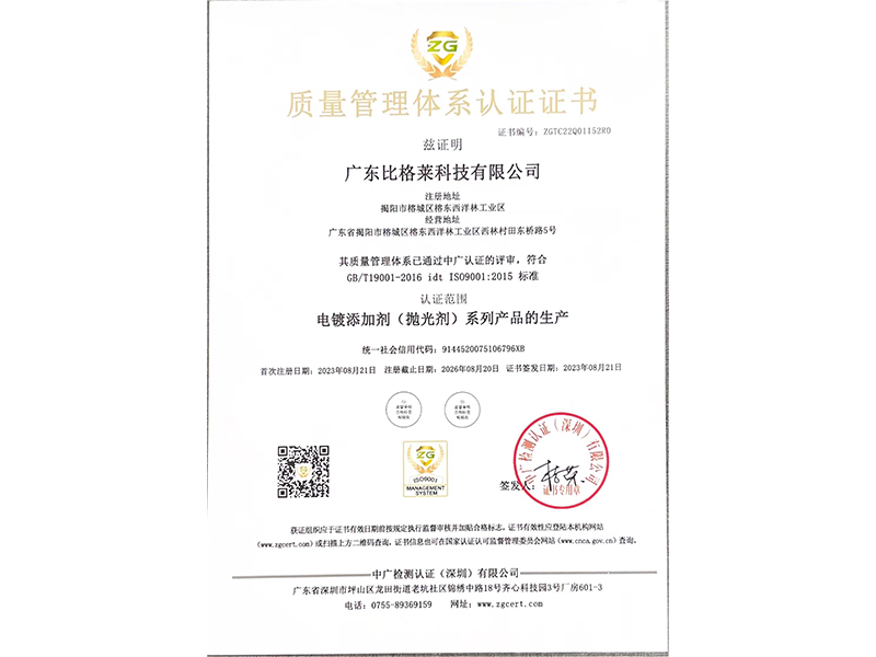 比格萊質(zhì)量管理體系認(rèn)證證書